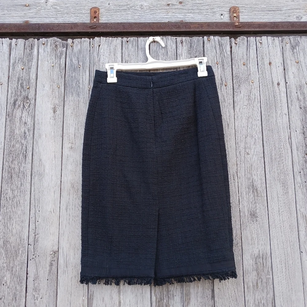 J. Crew‎ Womens Sz 0 Black Tweed Pencil Skirt Fringe Hem Textured  Knee Length